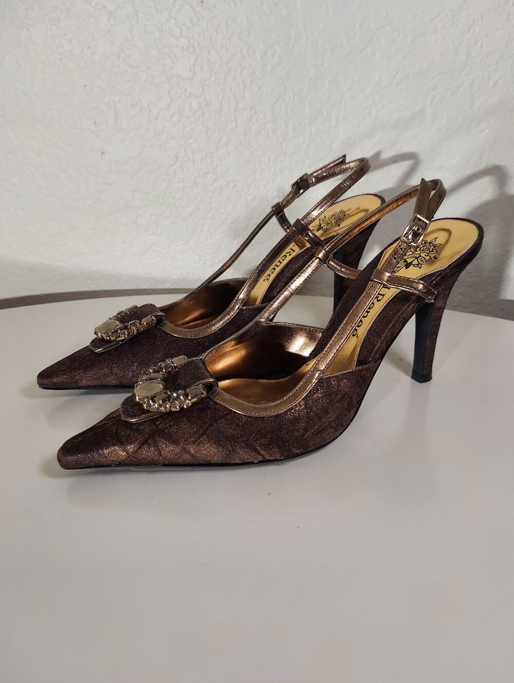 J. Renee Vtg Rachele Y2K Brown Rhinestone Embellished Slingback Heels WM Sz 8 M